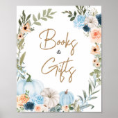 青い秋の花かぼちゃの本と贈り物 ポスター (正面)