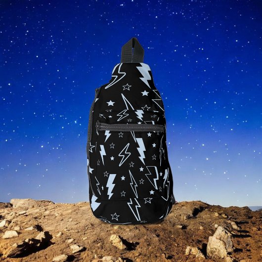 青い稲妻の黒い背景Y2Kパターン スリングバッグ