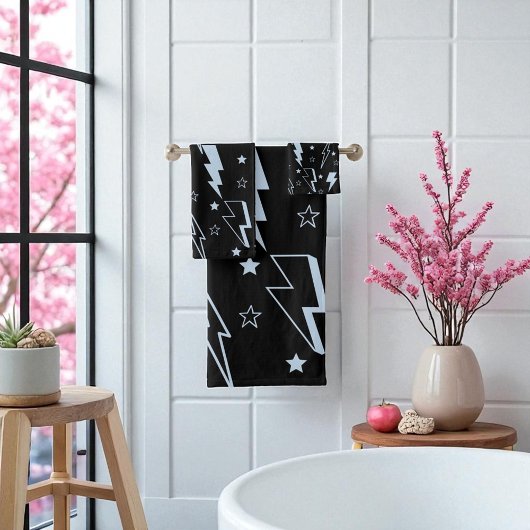 青い稲妻 黒背景 Y2K パターン バスタオルセット