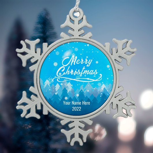 青い穏やかな雪の森メリークリスマス スノーフレークピューターオーナメント