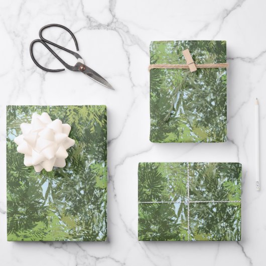 青い空がアートを貫く緑の葉樹 ラッピングペーパーシート (正面)