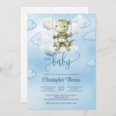 青い空に揺れる可愛い水彩恐竜 招待状 (正面/裏面)