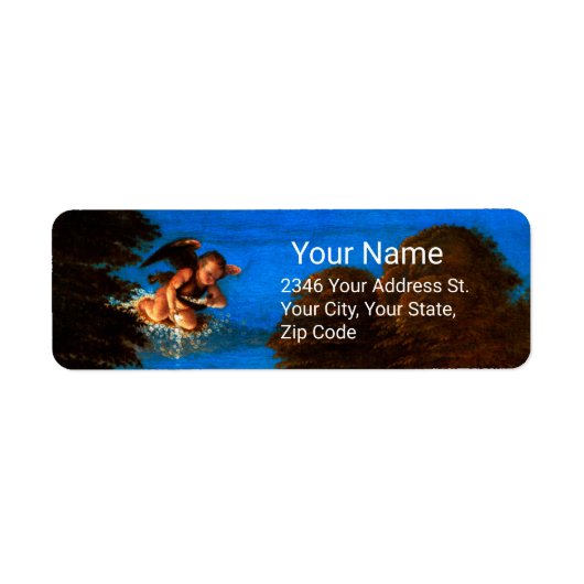 青い空のキューピッド白い花のカスケード ラベル (正面)