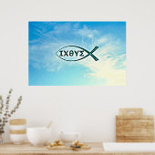 青い空の背景にイエス・フィッシュ ポスター (キッチン)