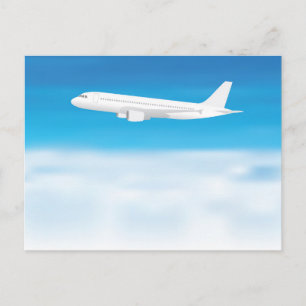 青い空雲の背景に白い飛行機 ポストカード