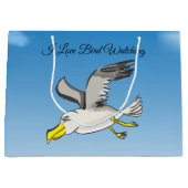 青い空飛んでいるを持つマンガのカモメ ラージペーパーバッグ (正面)