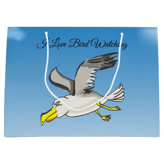 青い空飛んでいるを持つマンガのカモメ ラージペーパーバッグ (正面)