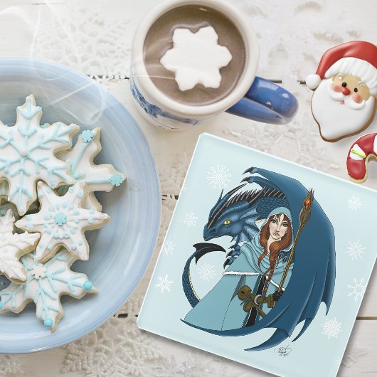 青い竜の魔法使いと雪の結晶 ガラスコースター