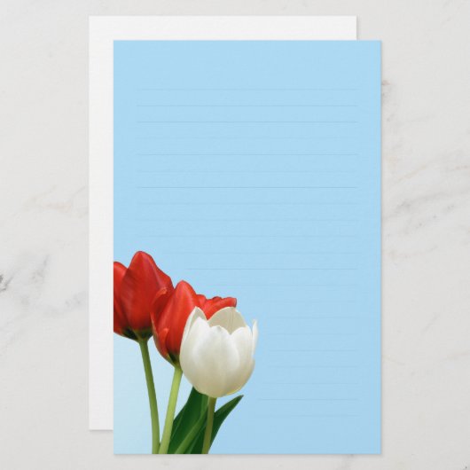 青い筆記用紙の赤と白のチューリップ 便箋 (正面/裏面)