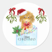 青い箱に入れたクリスマス犬 ラウンドシール (正面)