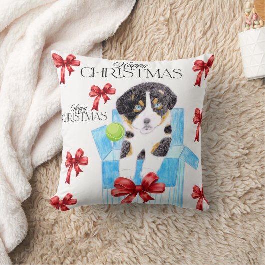 青い箱のクリスマスに入った犬 クッション (ブランケット)