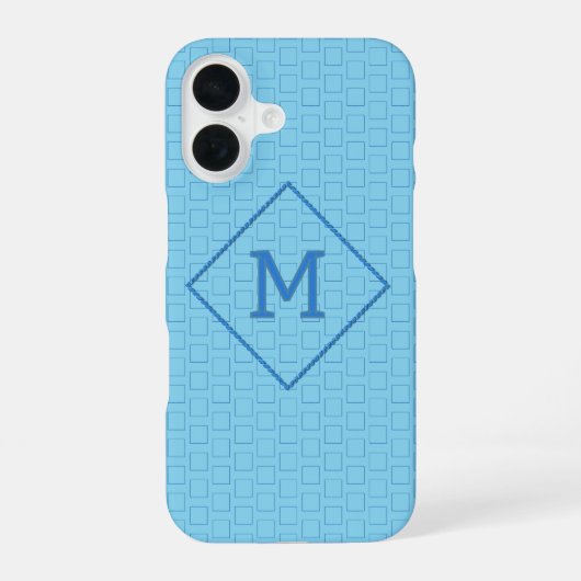 青い箱の背景に単一のモノグラム カスタム iPhone 16ケース (裏面)