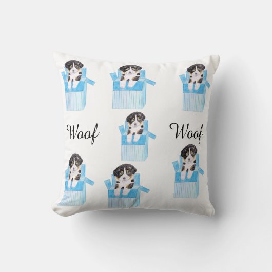 青い箱を持つ可愛い犬 クッション (正面)