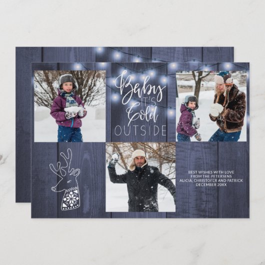 青い納屋の木の素朴な3つの写真クリスマスライト シーズンカード (正面/裏面)