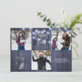 青い納屋の木の素朴な3つの写真クリスマスライト シーズンカード (スタンド正面)