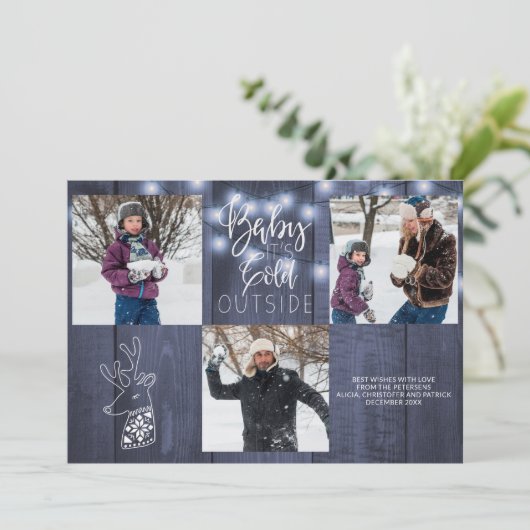 青い納屋の木の素朴な3つの写真クリスマスライト シーズンカード (スタンド正面)