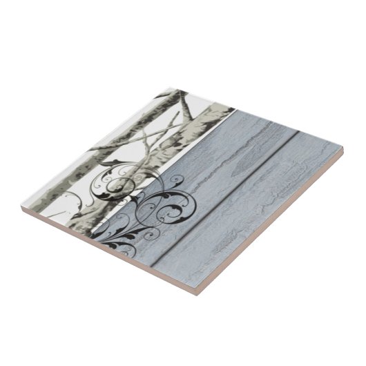 青い納屋の木製の国の素朴な樺の木 タイル (側面)