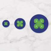 青い紙吹雪上の幾何学的4枚葉クローバー コンフェッティ (正面)