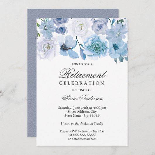 青い素敵な花の退職パーティー招待状 招待状 (正面/裏面)