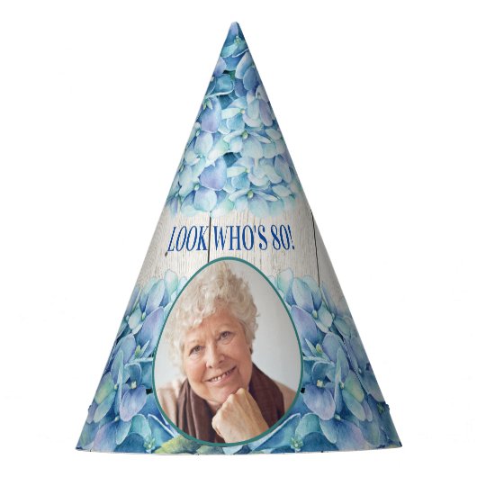 青い素朴あじさい写真80誕生日 パーティーハット (正面)