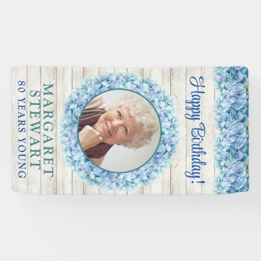 青い素朴あじさい写真80誕生日 横断幕 (横)