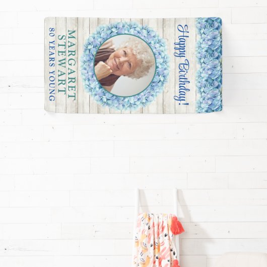 青い素朴あじさい写真80誕生日 横断幕 (インサイチュ)