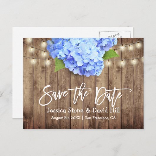 青い素朴あじさい文字列ライト日付を保存 案内ポストカード (正面/裏面)