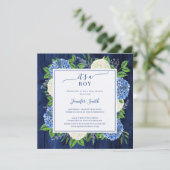 青い素朴あじさい男の子の赤ちゃんシャワー 招待状 (スタンド正面)