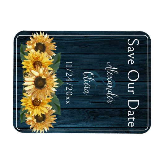 青い素朴ひまわり日付磁石を保存 マグネット (横)