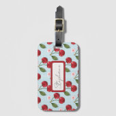 青い素朴ギンガムとさくらんぼモノグラム ラゲッジタグ (正面縦)