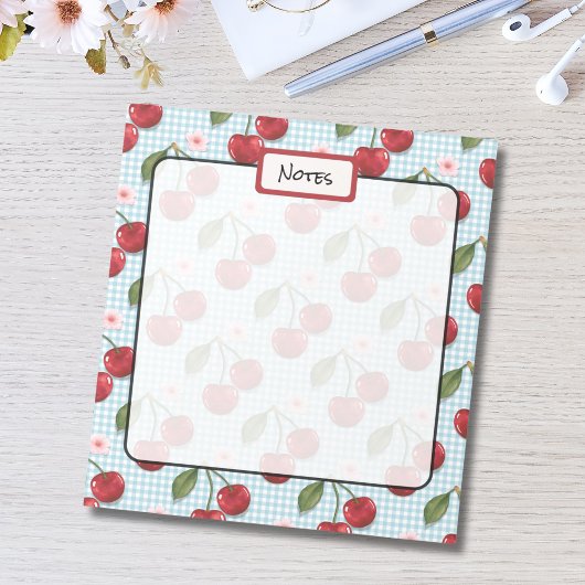 青い素朴ギンガムとさくらんぼ ノートパッド