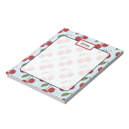 青い素朴ギンガムとさくらんぼ ノートパッド (回転)