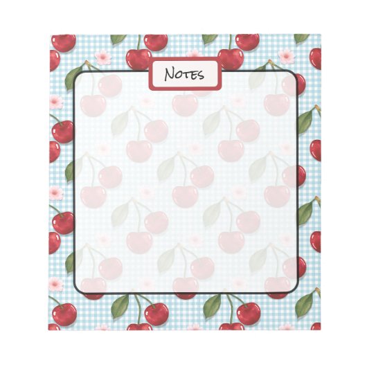 青い素朴ギンガムとさくらんぼ ノートパッド (正面)