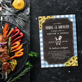 青い素朴ギンガムサンフラワーズベビー- Qシャワー 招待状