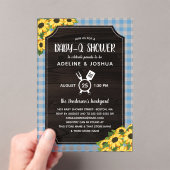 青い素朴ギンガムサンフラワーズボーイベビー-Qシャワー アクリル招待状 (インサイチュ (ポータブル))