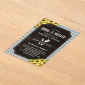 青い素朴ギンガムサンフラワーズボーイベビー-Qシャワー アクリル招待状 (レイダウン)