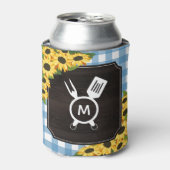 青い素朴ギンガムサンフラワーズモノグラム 缶クーラー (缶正面)