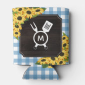 青い素朴ギンガムサンフラワーズモノグラム 缶クーラー (裏面)