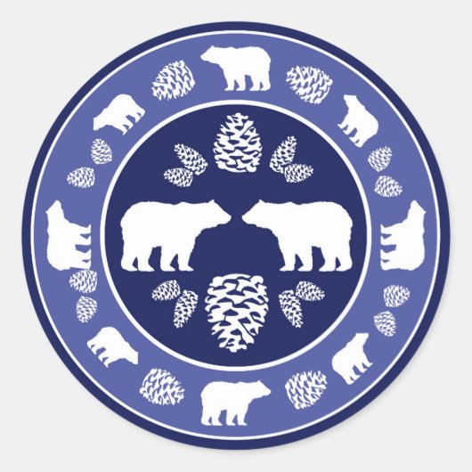 青い素朴クマのピネコンの丸いシール ラウンドシール (正面)