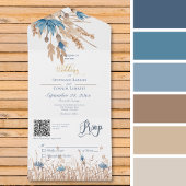 青い素朴コーンフラワーと小麦ホワイトQRコード オールインワン招待状