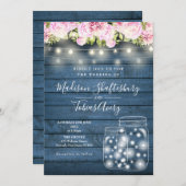 青い素朴ストリングライツメイスンジャー結婚フローラ 招待状 (正面/裏面)