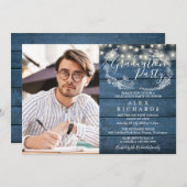 青い素朴ストリングライト写真卒業パーティー 招待状 (正面/裏面)