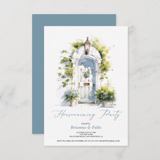 青い素朴フォレーダーグリーン引っ越し祝いパーティーパーティー 招待状 (正面/裏面)