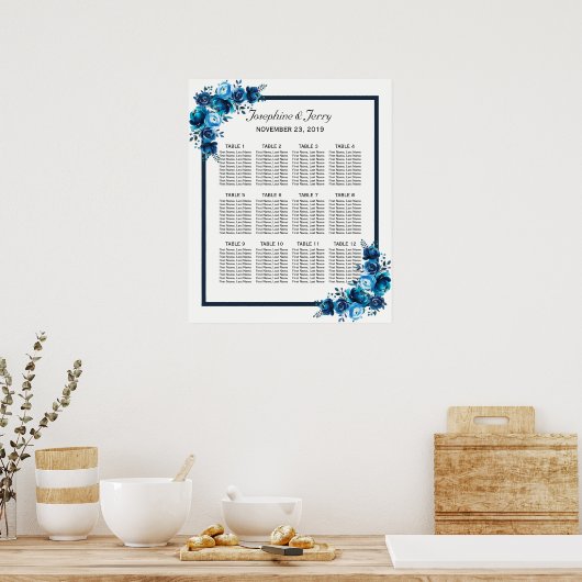 青い素朴フローラ国の結婚式のシーティングチャート ポスター (キッチン)