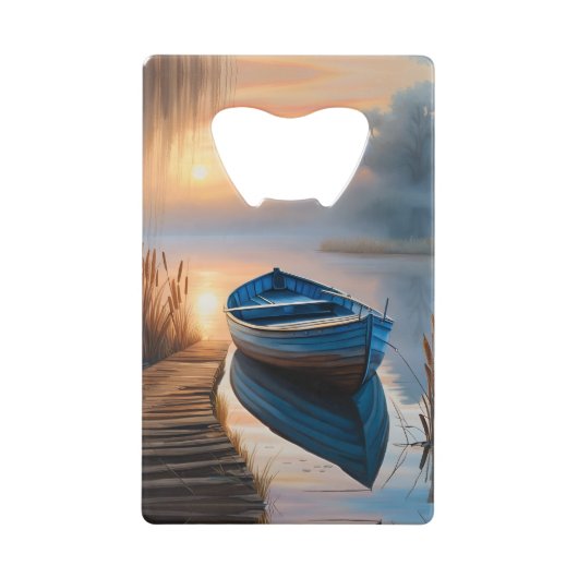 青い素朴ボート朝の空の反射 クレジットカード栓抜き (正面)