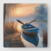 青い素朴ボート朝の空の反射 スクエア壁時計 (正面)