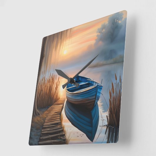 青い素朴ボート朝の空の反射 スクエア壁時計 (傾斜)