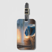 青い素朴ボート朝の空の反射 ラゲッジタグ (正面縦)