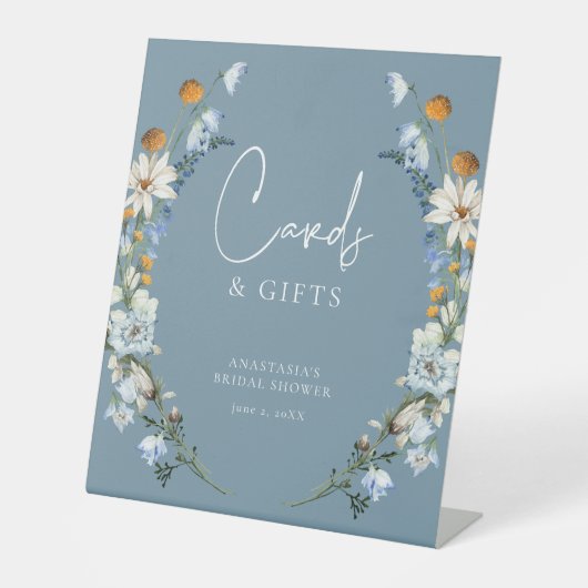 青い素朴ワイルドフラワー&デイジーシャワーギフト 台座サイン (正面)