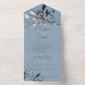 青い素朴冬の葉の青詳細 オールインワン招待状 (内側)